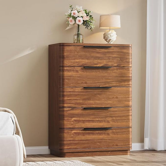 5 Drawer Dresser for Bedroom, 45" Tall Modern Chest of Drawers with Metal Handle, Curved Profile Design, Wooden Closet with Large Drawers Dressers Organizer for Entryway Hallway
