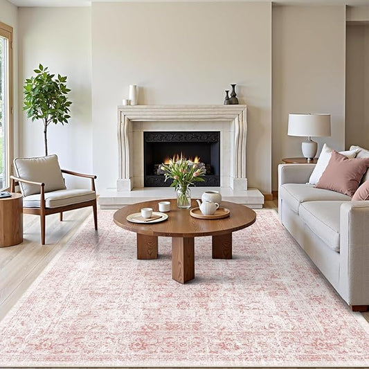3x5 Rug, Small Area Rug for Living Room, Bedroom, Kitchen, Machine Washable Non-Slip Throw Rug, Vintage Distressed Floral Carpet for Entryway Nursery Dinner Room - Durable (Pink)