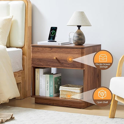 Narrow Nightstand Set of 2, Wooden Small 2 Drawer Nightstand, Slim Side End Table, Skinny Bedside Table, Mid Century Modern Night Stand with Drawers, for Living Room (Walnut-Charging Station-2 pcs)