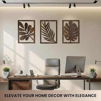 qmmp Modern Wooden Wall Sculptures - Set of 3 - Home Decor Accent - Large Wall Art for Living Room, Bedroom, Office - Easy Installation (Walnut, Large - Tree Leaves)