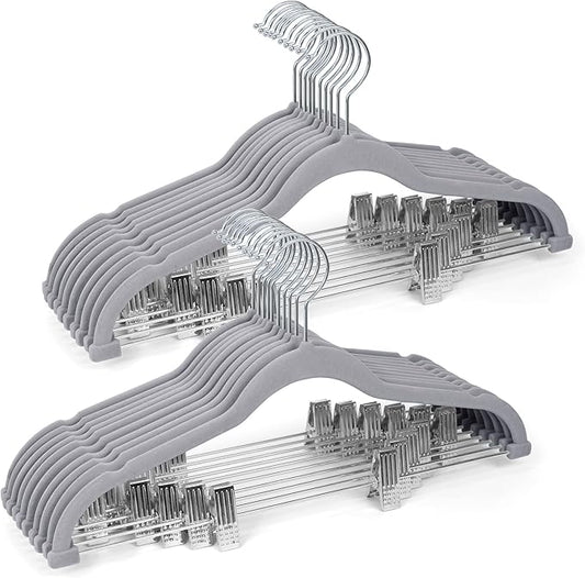 Velvet Pants Hangers 20 Pack with Adjustable Clips, Space-Saving Slim Flocked Hangers, Heavy Duty & Non-Slip Felt Clothes Hangers for Pants, Skirts, Dresses, and Jeans(Grey)