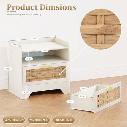 24" Rattan Nightstand with Storage Drawer, White Bedside Table with Semi Open Cubby, Boho Night Stand with Farmhouse Arched Base for Bedroom, Side Table, End Table for Dorm