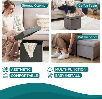 BRIAN & DANY Ottoman with Storage, Small Storage Ottoman for Dorm, Linen Folding Ottoman Foot Stool with Legs for Living Room and Bedroom, 14.8"x14.8"x16.1" - Blue