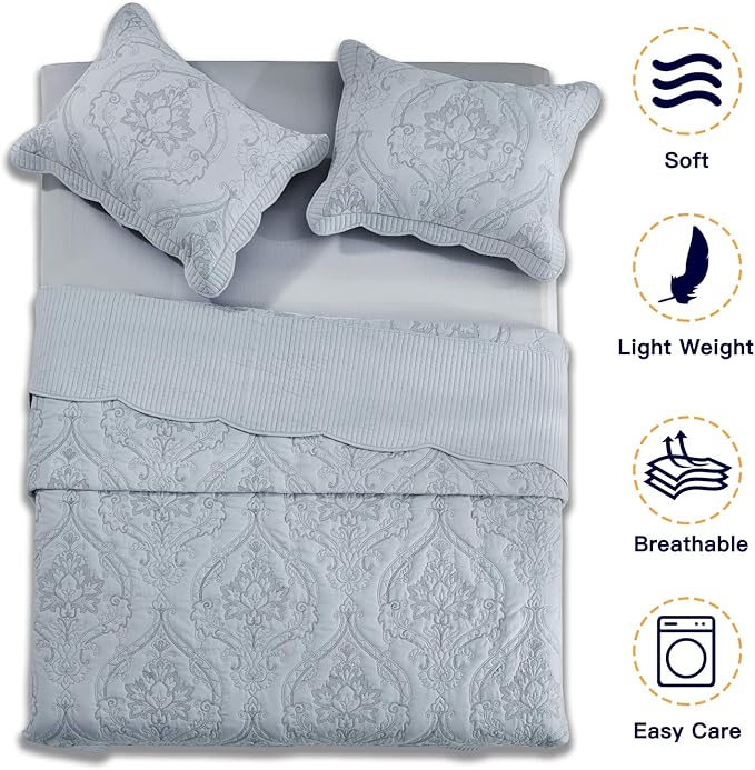 CHIXIN Bedspread Coverlet Quilt Set Full Size - Lightweight Bedding Cover - Beautiful Stitching - 5 Piece Reversible Bedspread - Gorgeous Damask Paisley Pattern (Full, Light Grey)