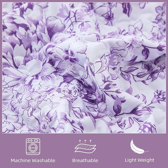 WONGS BEDDING Quilt King Size, Purple Quilt Bedding Set with 2 Pillowcases, Botanical Quilt for King Bed, Soft Microfiber Lightweight Coverlet Bedspread for All Season (110"×90", 3 Pieces)