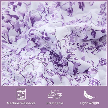 WONGS BEDDING Quilt King Size, Purple Quilt Bedding Set with 2 Pillowcases, Botanical Quilt for King Bed, Soft Microfiber Lightweight Coverlet Bedspread for All Season (110"×90", 3 Pieces)