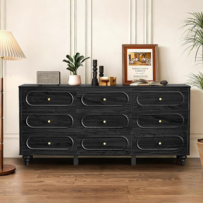 9 Drawer Fluted Dresser for Bedroom, Mid Century Modern Chest of Drawers, Wood Storage Small Dresser Organizer for Bedroom Living Room Hallway Closet, Black