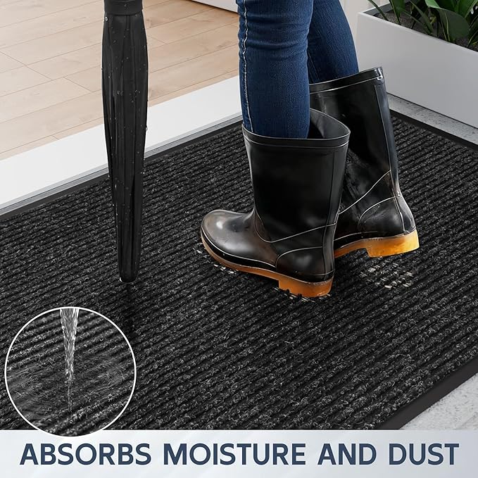 Front Door Mat, 48" x 24" Heavy Duty Indoor Outdoor Doormat, Non-Slip Welcome Mats for Entryway, Rubber Backing Low Profile Commercial Door Mats, Black Stripe