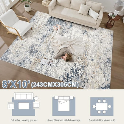 Area Rug Living Room Rugs - 8x10 Abstract Large Soft Indoor Washable Rug Neutral Modern Low Pile Carpet for Bedroom Dining Room Farmhouse Home Office - Beige Blue