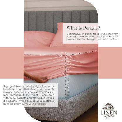 Linen Home 100% Cotton Percale Sheets Full Size, English Rose, Deep Pocket, 4 Pieces Set - 1 Flat, 1 Deep Pocket Fitted Sheet and 2 Pillowcases, Crisp Cool and Strong Bed Linen
