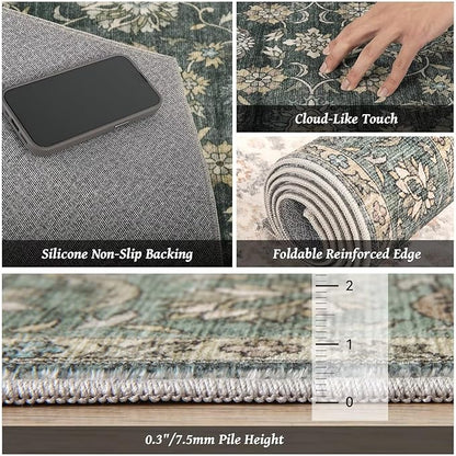 Washable 10x14 Area Rugs for Living Room, Boho Non-Slip Vintage Distress Large Rugs for Bedroom Dining Room Office, 0.3" Neutral Oriental Throw Thin Carpet, Sage Green/Blue/Multi