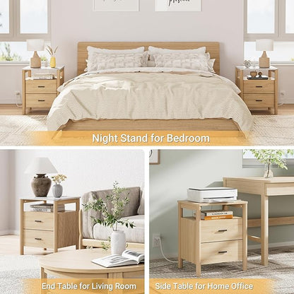 FavourLife Night Stand, 20" Wide Nightstand, Modern Large Nightstand with Charging Station & Faux Marble Top, 2 Drawer End Table with Solid Round Post Legs, Bedside Table for Bedroom, Natural Oak