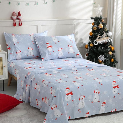 JSD Snowman Kids Sheet Set Twin Size, 3 Piece Blue Snowflakes Christmas Printed Microfiber Sheets Deep Pocket