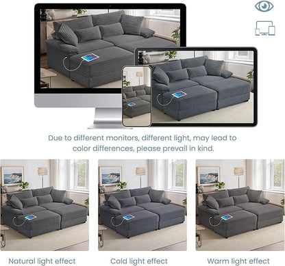 SUNWAVE 74" Double Chaise Lounge Chair Indoor, Oversized Loveseat with Storage Ottoman, Corduroy Couch with USB Charging, Removeable Ottoman, and Coffee Table Cushions for Living Room