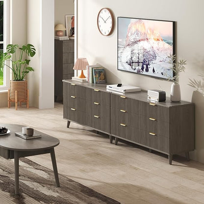 Lulive Wood Dresser for Bedroom with 6 Drawers, 53.2" Long Fluted Modern Chest of Drawers Storage Organizer, Dressers TV Stand for Living Room, Closet, Hallway (Dark Grey Oak)