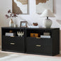 LEYAOYAO 31" Wide Fluted Night Stand Set of 2 with Charging Station, Oversized Extra Large 2 Drawers Nightstand,Black Wood Bedside Table,Tall End Tables,Modern Chest of Drawers Dressers for Bedroom