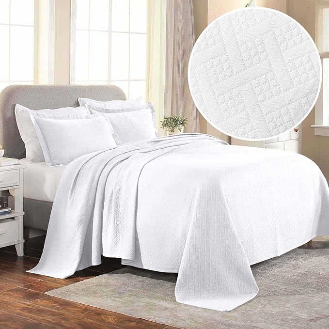Superior 100% Cotton Basket Weave Bedspread with Shams, All-Season Premium Cotton Matelasse Jacquard Bedding, Quilted-Look Geometric Basket, Full, White