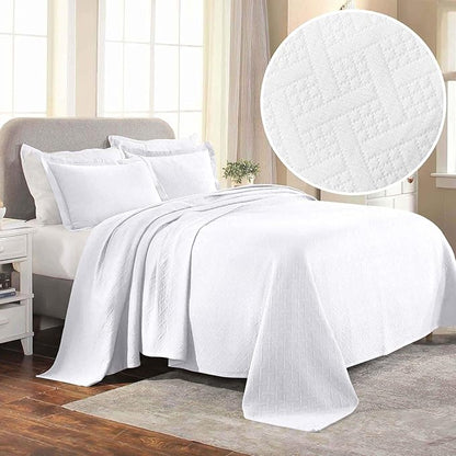 Superior 100% Cotton Basket Weave Bedspread with Shams, All-Season Premium Cotton Matelasse Jacquard Bedding, Quilted-Look Geometric Basket, Full, White