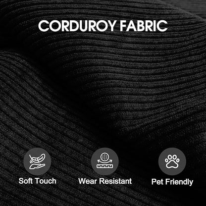 79" Convertible Sofa Bed, Corduroy Folding Pull Out Couch with Pillows, No Assembly Modern Boneless Couch Compression Sofa in Box, Floor Sofa with Support Rods for Living Room,Black