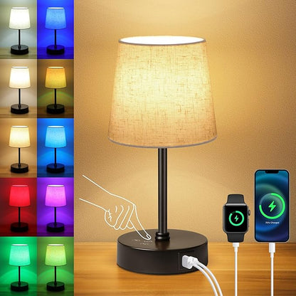 Ascher Small Bedside Table lamp, RGB Color Changing Lamps, 3 Color Temperatures, Dimmable Nightstand Lamp with USB C+A Ports, Touch Desk Lamp for Bedroom Living Room, H11.4in(Flaxen Shade)