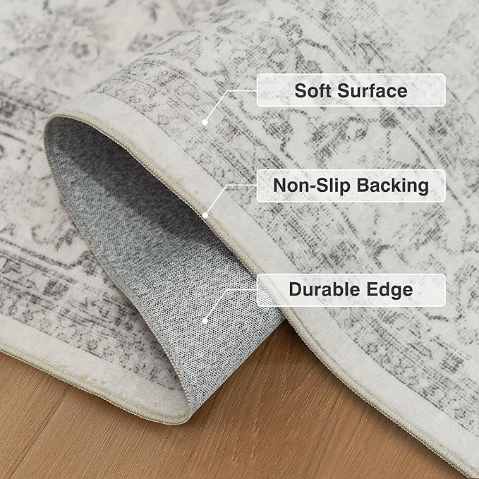 FMFUNCTEX 4x6 Washable Area Rug Grey Neutral Vintage Non Slip Low Pile Traditional Indoor Carpet for Entryway Living Room Bedroom Soft Retro Floral Mat Throw Rug for Dining Office Kitchen Entryway