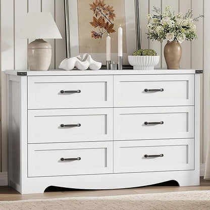 Dresser for Bedroom with 6 Drawers, 54" Wide Wood Chest of Drawers with Deep Drawers & Mental Handle, Modern Dresser TV Stand, Wooden Closet Storage Organizer for Living Room, Hallway, Entryway, White