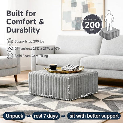 Tiita Suqre Stuffed Pouf Ottoman, Stripe Poufs 21×21×10 inch with Foam Chunk Filling, Floor Bean Bag Floor Chair Storage for Living Room Bedroom Home Decor, Grey