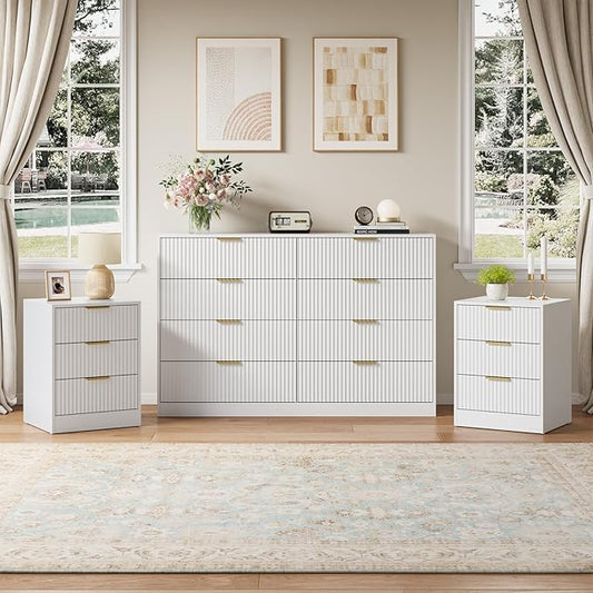 8 Drawer Dresser & Nightstand Set 3-Piece, 55” Wide Tall Fluted Dresser and Night Stand Set of 2 with Metal Handle, Modern Wood Chest of Drawers Storage Dressers Set for Bedroom, White