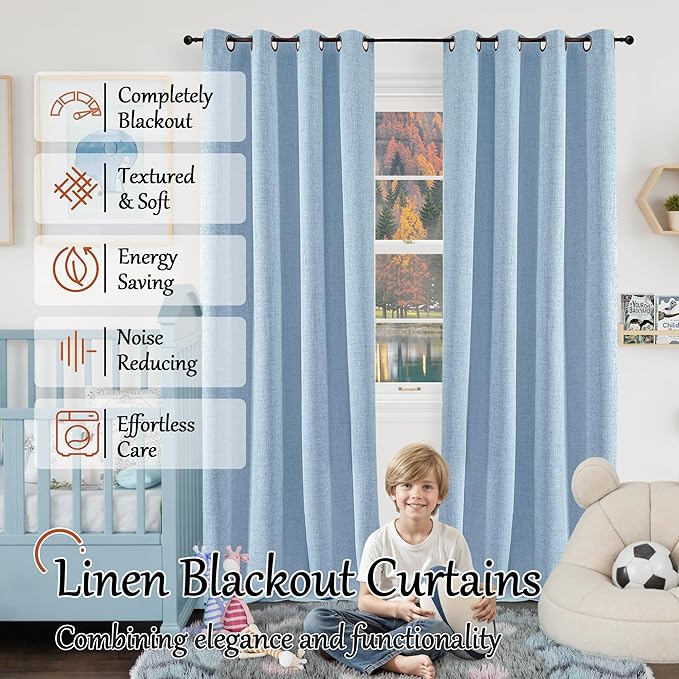 Blue Linen Blackout Curtains for Kids Bedroom Nursery 84 Inch Length 2 Panels, Thermal Insulated Full Room Darkening Noise Reducing Privacy Window Curtains for Boy Room, Each 52 Inch Wide