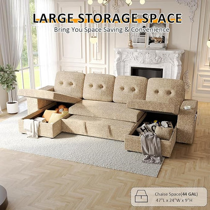 117" Sleeper Sofa Bed, U-Shaped Sofa with Dual Reversible Storage Chaise | Adjustable Backrest | Wide Armrest, Sectional Couches for Living Room, 4 in 1 Pull Out Couch Bed, Khaki Chenille