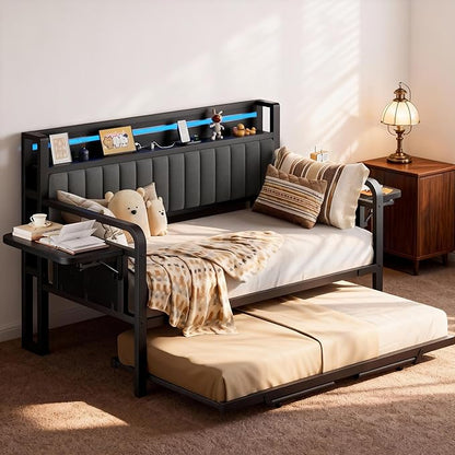 Daybed with Trundle, Twin Trundle Bed Frame - Metal Day Bed with LED Lights, Upholstered Storage Headboard & Charging Station, Pop Up Sleeper, Modern Design for Living Room and Guest Room-Black