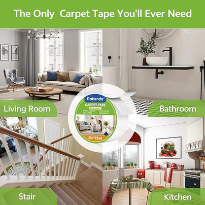 Rabenda Double Sided Carpet Tape - 2 Inch x 12 Yards Removable Rug Tape for Hardwood Floors, Tile & Laminate - No Residue Strong Hold Anti Slip Gripper for Area Rugs, Mats & Carpets
