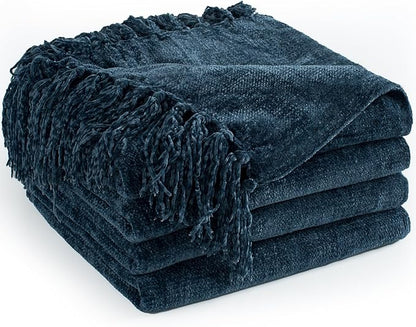 Chenille Throw Blanket for Couch 60"X 80" Twin, Soft Cozy Throws with Fringe Tassel for Bed Sofa Chair Cover, Lightweight Knitted Decorative Boho Blankets for Living Room, Navy Blue