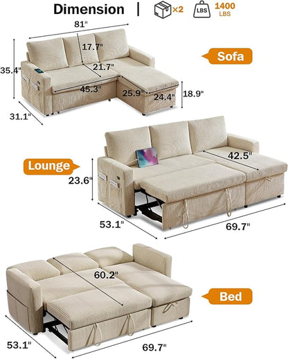 Vipbear 80" Sectional Sleeper Sofa Bed with Pull Out Bed, L Shaped Couch Pull Out Couch with Reclining Backrest, Reversible Storage Chaise, USB Ports, Tool-Free Assembly, Corduroy Beige Color