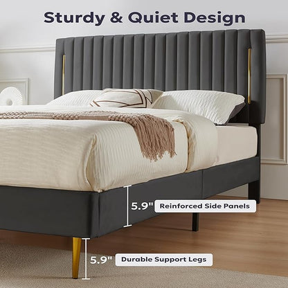 King Platform Bed Frame, Velvet Upholstered Bedframe with Vertical Channel Adjustable Headboard, Golden Plating Trim, Mattress Foundation with Wooden Slats, No Box Spring Needed, Grey