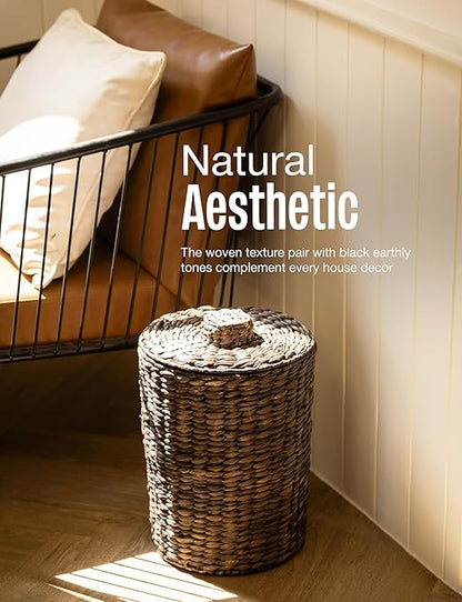 4 Gallons Wicker Waste Basket - Water Hyacinth Bathroom Trash Can - Garbage Can with Lid Boho Style - Wicker Trash Can with Lid for Bedroom, Kitchen - Removable Liner (Black Color)