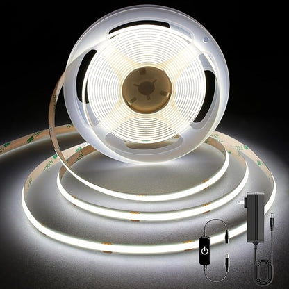 COB LED Strip 5m,16.4ft LED Strip Lights,Touch Dimmable LED Strips,CRI90+,6000K Daylight White LED Tape Lights,1600LEDs,24V cob led,Indoor for Bedroom,Kitchen,TV,Mirror,Cabinet