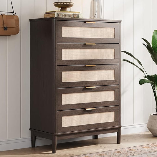 LINSY HOME Rattan Dresser for Bedroom with 5 Drawers, 46" Tall Chest of Drawers, Mid Century Modern Dresser TV Stand with Metal Handle, Wood Closet Storage Cabinet for Living Room, Hallway, Walnut