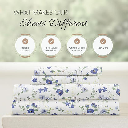 Linen Market 4 Piece Queen Sheet Set - Breathable, Double-Brushed Patterned Cooling Sheets – Oeko-TEX Certified Ultra Soft & Wrinkle-Free 16" Deep-Pocket Queen Sheets - Easy Care Blossoms Light Blue