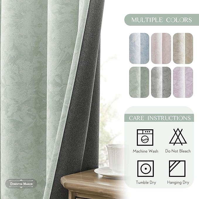 Beauoop Green Floral Jacquard Blackout Curtains 72 Inches Long 2 Panels for Bedroom Living Room Sage Flower Chenille Room Darkening Thermal Insulated Soundproof Grommet Window Treatments Drapes, 52x72