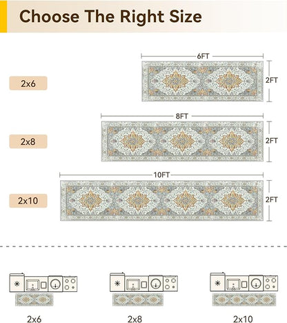 Area Rugs 2'x8' Washable Non-Slip, Floral Vintage Distress Print Pattern Medallion Carpet for Living Room Bedroom Dining Room, Light Yellow Carbon Grey Orange