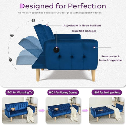 TYBOATLE 65" W Velvet Modern Convertible Folding Futon Couch Sofa Bed w/ 2 USB Charging Ports for Compact Living Space, Small Couches for Office, Dorm, RV Room, Apartment, Bedroom (Navy Blue)