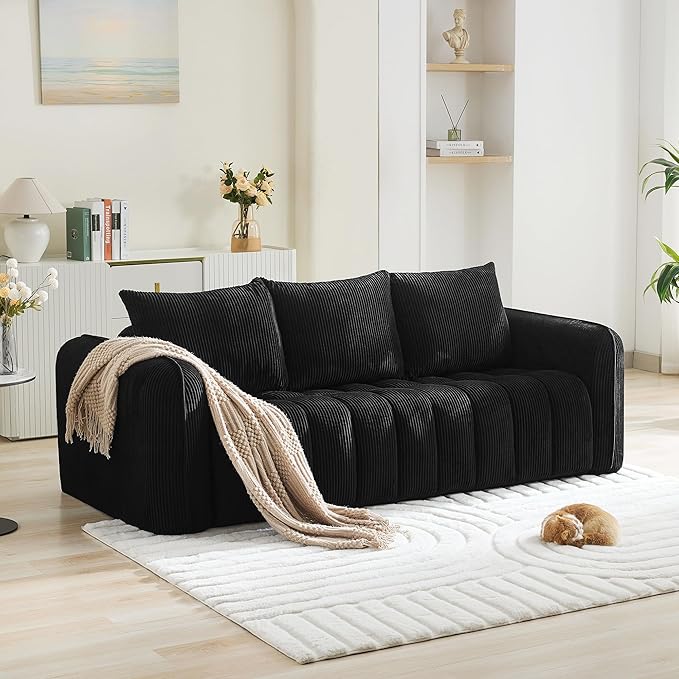 83'' Boneless Corduroy Sofa, Oversized 3 Seater Deep Seat Couch with Rounded Armrest, Modern Upholstered Cloud Sofa for Living Room, No Assembly, Black