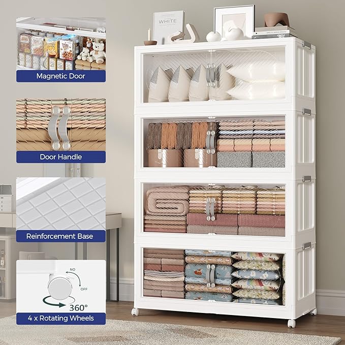 960QT Plastic Stackable Storage Bins with Lid, 240GAL Extra Large Collapsible Box with Wheels Clear Door, Foldable Closet Organizer Container Cabinet Drawer for Home Kitchen，6Pack, White