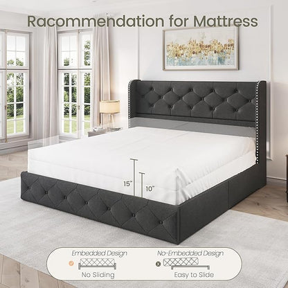 LARMACE Full Size Bed Frame with 4 Storage Drawers and Wingback Headboard Linen Upholstered Platform Bed Frame Tufted Beds with Wooden Slats Support, Easy Assembly, Dark Grey