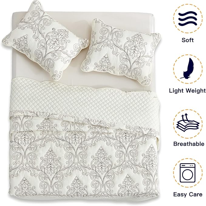 CHIXIN Bedspread Coverlet Quilt Set Full Size - Lightweight Bedding Cover - Beautiful Stitching - 5 Piece Reversible Bedspread - Luxury Damask Paisley Pattern (Full, Ivory)