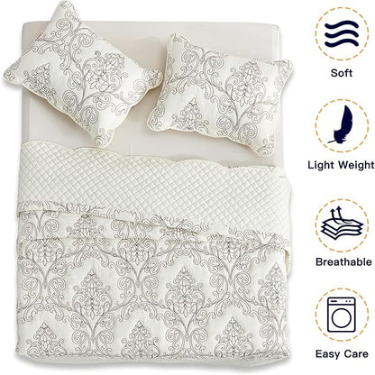 CHIXIN Bedspread Coverlet Quilt Set Full Size - Lightweight Bedding Cover - Beautiful Stitching - 5 Piece Reversible Bedspread - Luxury Damask Paisley Pattern (Full, Ivory)