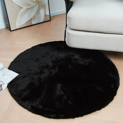 Latepis Black Round Rug 3ft Fluffy Faux Rabbit Fur Furry Shag Rug Washable Circle Plush Cute Rugs for Living Room, Dorm, Nursery, Kids Room Cute Rugs for Bedroom
