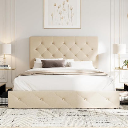 Allewie Upholstered Full Size Platform Bed Frame with 4 Storage Drawers and Headboard, Diamond Stitched Button Tufted, Mattress Foundation with Wooden Slats Support, No Box Spring Needed, Beige