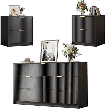 3-Piece Dresser Bedroom Set, 7 Drawer Dresser & 2 Drawer Nightstands with Gold Handles, Fluted Wood Chest of Drawers for Bedroom, Living Room, Entryway, Black